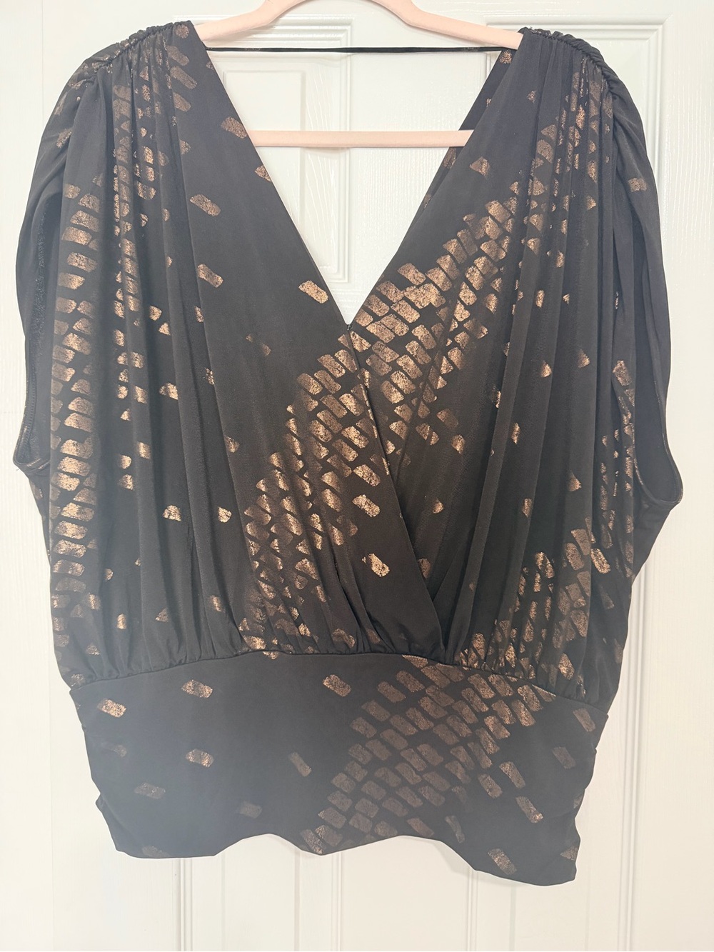 White House Black Market Black Blouson Top with Metallic Bronze Print
